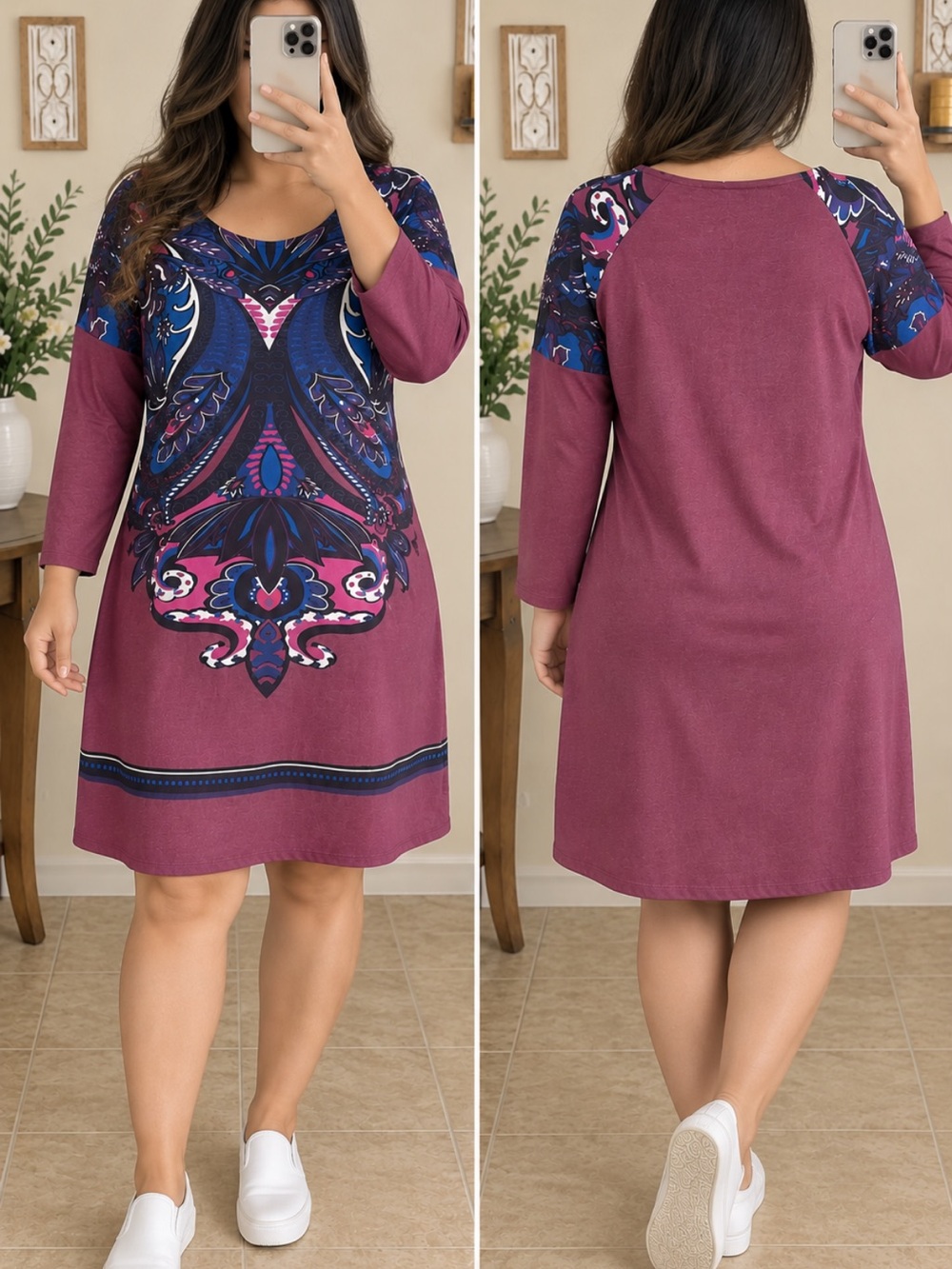 Plus-Size Mauve Paisley-Print Shift Dress
